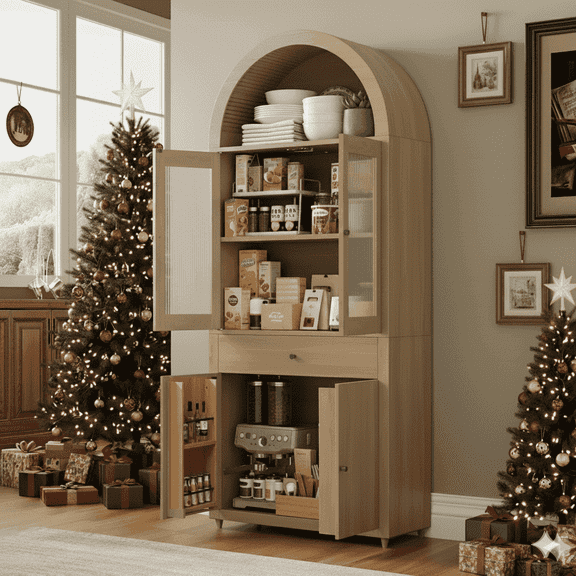 Danpinera Home 71" Tall Farmhouse Kitchen Pantry Cabinet, Arched Storage Cupboard with Acrylic Fluted Doors and Drawers, Adjustable Shelves, Light Wood