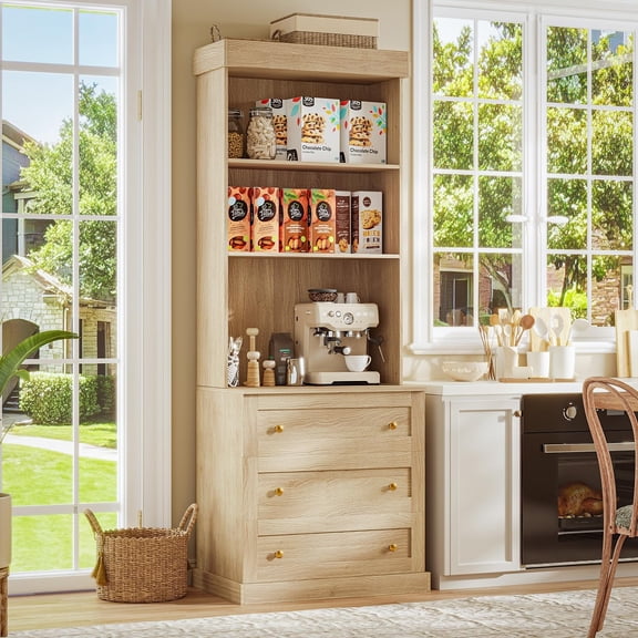 Sunix Farmhouse Kitchen Pantry Cabinet, 70.8" Tall Freestanding Microwave Stand with Drawers, Adjustable Shelves, Brown
