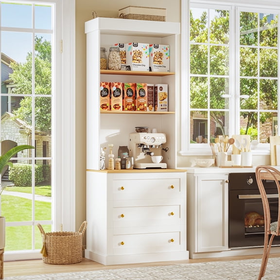 Sunix Farmhouse Kitchen Pantry Cabinet with Microwave Stand, 70.8" Tall, White, 3 Drawers
