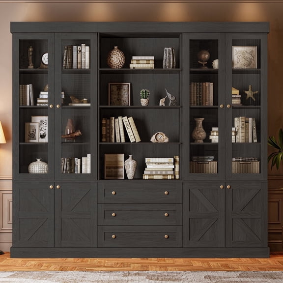 71" Farmhouse Pantry Cabinet Set with Glass Door Cabinets and 3-Drawer Cabinet, Black, Set of 3
