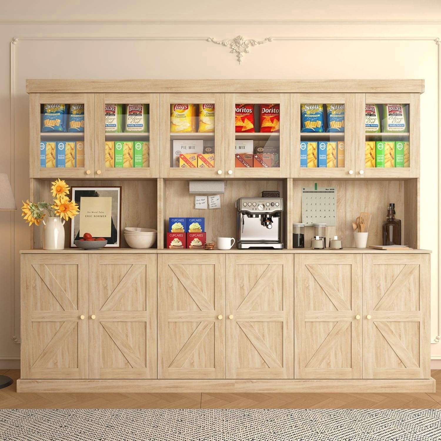 Farmhouse Pantry Cabinet 3-Piece Set, Brown, Glass Doors, Freestanding Microwave Stand, Storage Cabinet