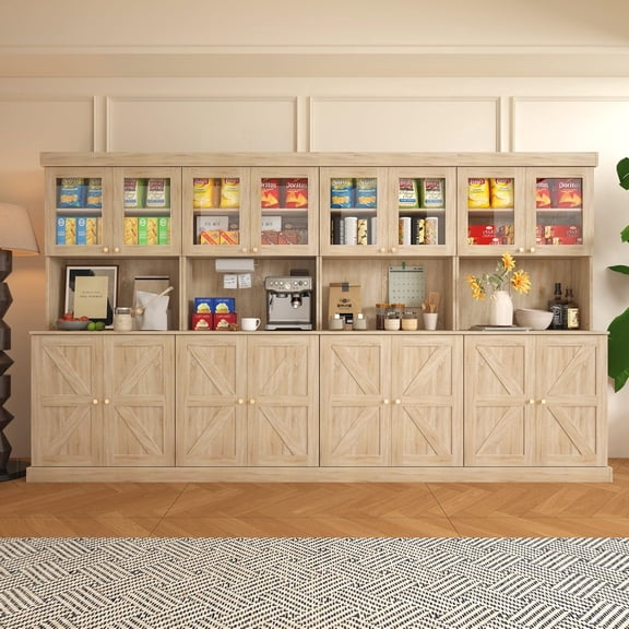 Farmhouse 70.8" Pantry Cabinet 4-Piece Set, Brown, Glass Doors, Freestanding Storage Cabinet