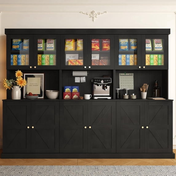 71" Tall Farmhouse Kitchen Pantry, Large Storage Cabinet with Glass Doors, Freestanding Coffee Bar Hutch with Microwave Stand, Adjustable Shelves for Kitchen, Living Room, Black 3 Pcs