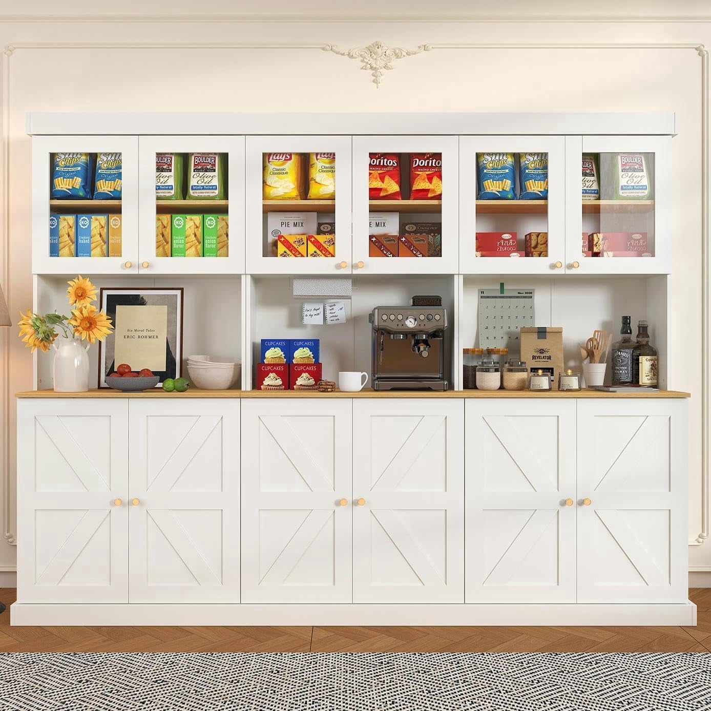 Sunix Farmhouse Pantry Cabinet Set of 3, 70.8" Tall, Freestanding Large Storage Cabinet with Glass Doors, Microwave Shelf, Adjustable Shelves