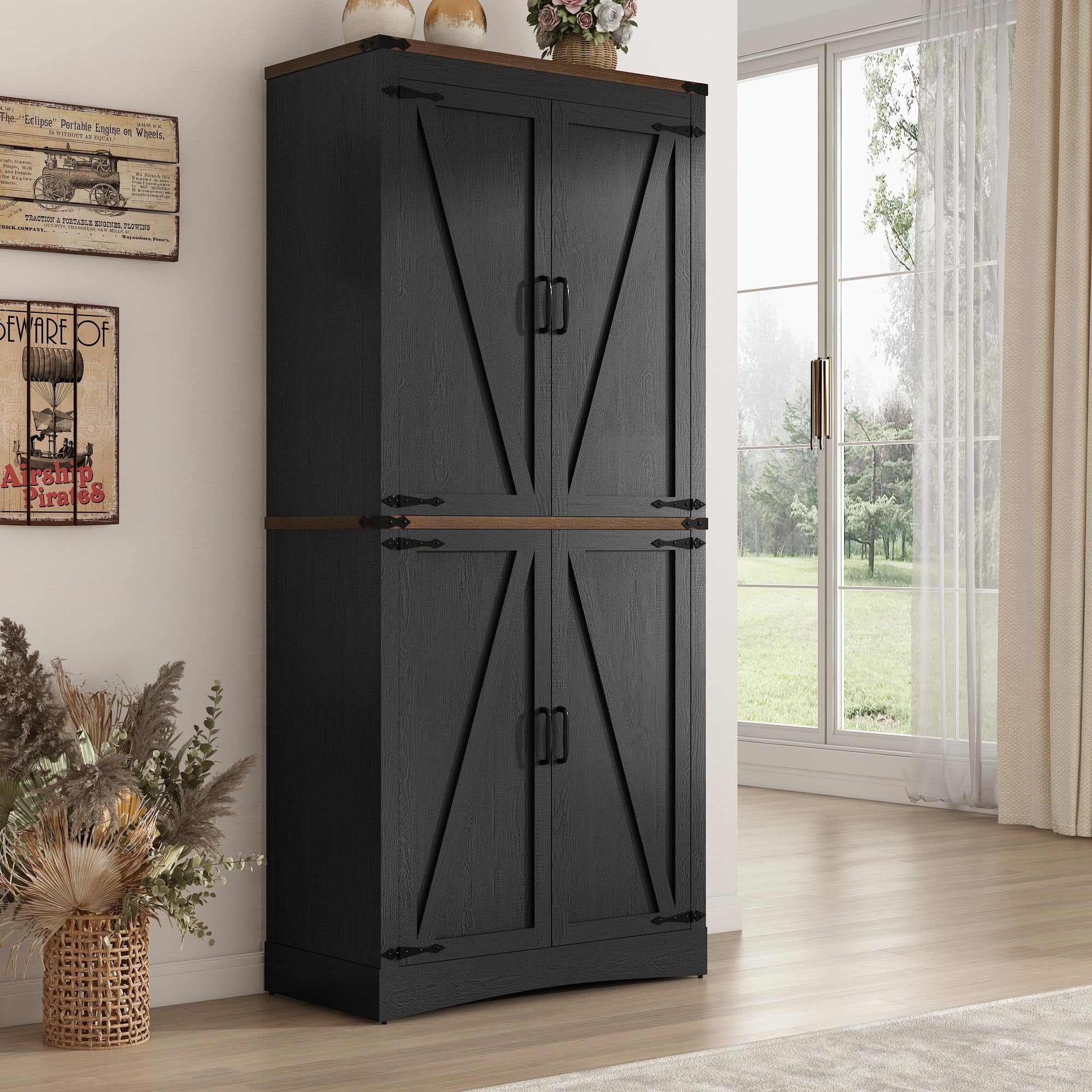 71" Tall Farmhouse Kitchen Pantry Storage Cabinet, 5 Layers Storage Cabinet with Adjustable Shelves, Pantry Cabinet with 4 Barn Doors for Kitchen, Dining Room, Bathroom, Living Room, Rustic Black