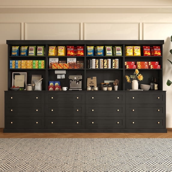 71" Tall Farmhouse Kitchen Pantry Storage Cabinet, Food Hutch with Drawers, Adjustable Shelves, and Countertop for Dining Room, Black 4PCS