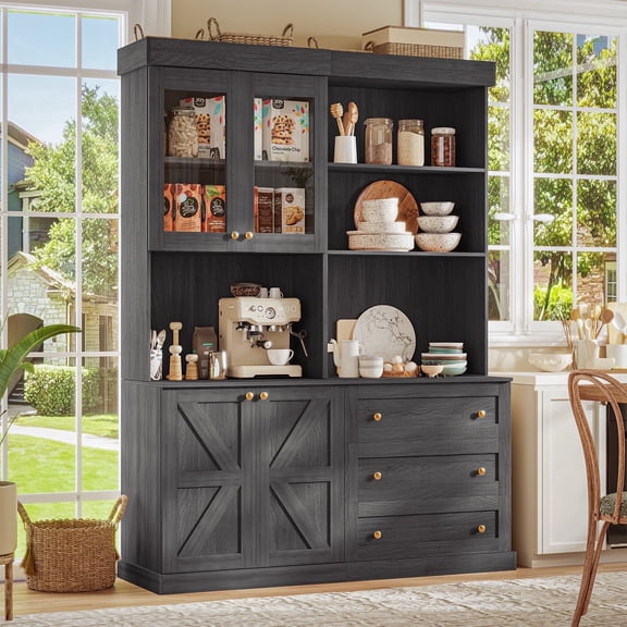 Sunix Farmhouse Pantry Cabinet with Microwave Shelf, Black