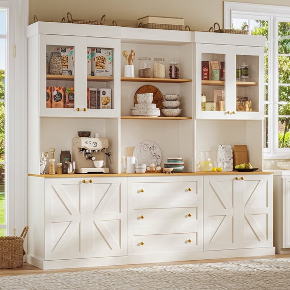 71" Tall Farmhouse Pantry Cabinet,Freestanding Coffee Bar Hutch With Adjustable Shelves,Large Storage For Home Office,Dining Room,Living Room,White,3 Pcs