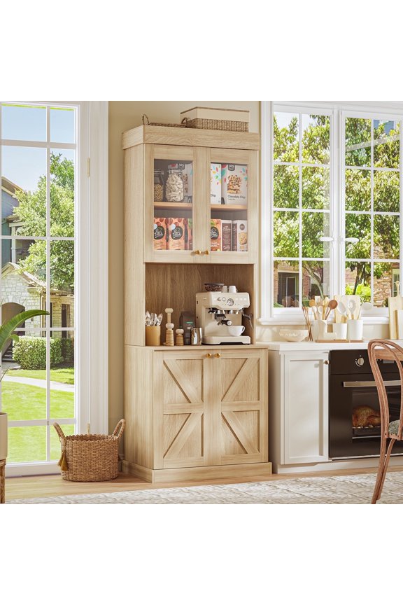 71" Tall Farmhouse Pantry Cabinet,Freestanding Coffee Bar Hutch With Adjustable Shelve,Large Storage For Living Room,Dining Room,Brown