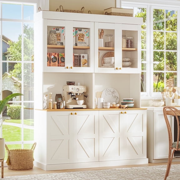 71" Tall Farmhouse Pantry Cabinet,Freestanding Coffee Bar Hutch With With Adjustable Shelves.For Home Office,Living Room,Dining Room,White,2 Pcs