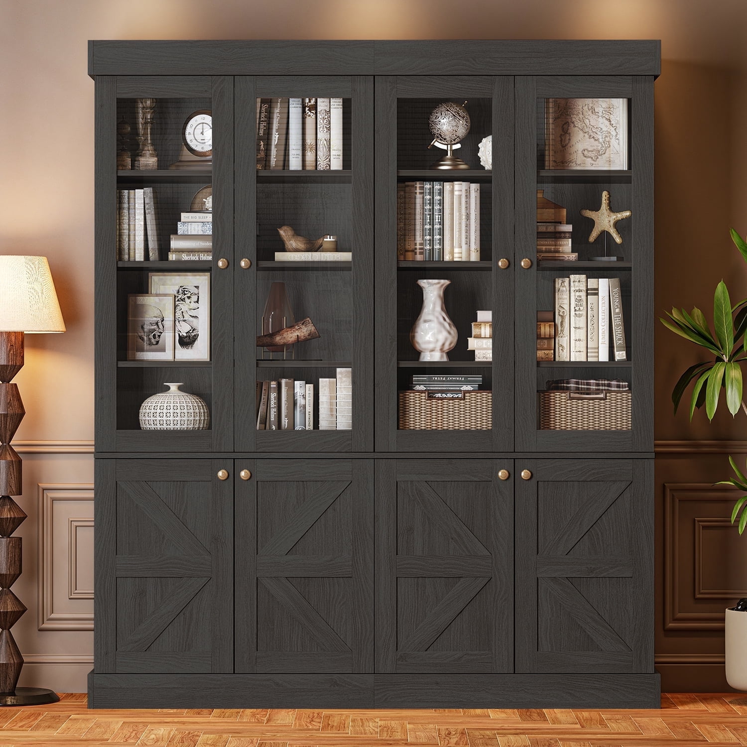 71" Tall Farmhouse Pantry Cabinet,Large Storage Cabinet with 4 Glass Doors,Kitchen Cabinets with Adjustable Shelves for Pantry,Dining Room,Living Room,Black,2 Pcs