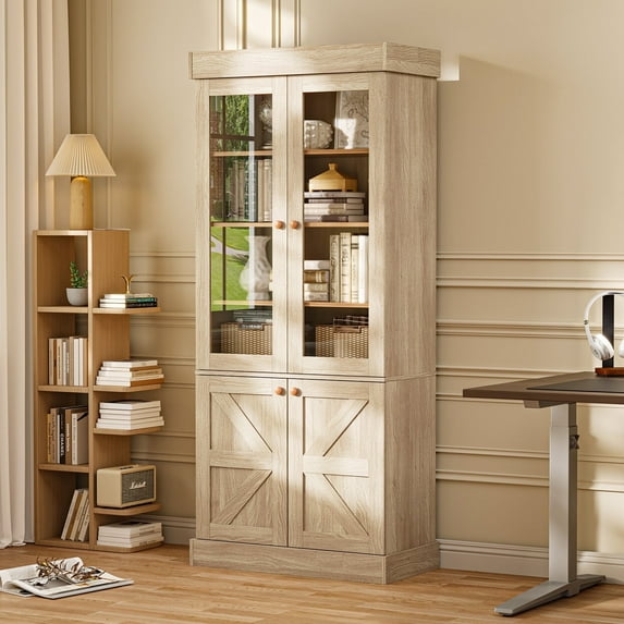 71" Tall Farmhouse Pantry Cabinet,Large Storage Cabinet with Adjustable Shelves,Kitchen Cabinets with 2 Glass Doors for Pantry,Dining Room,Living Room,Brown