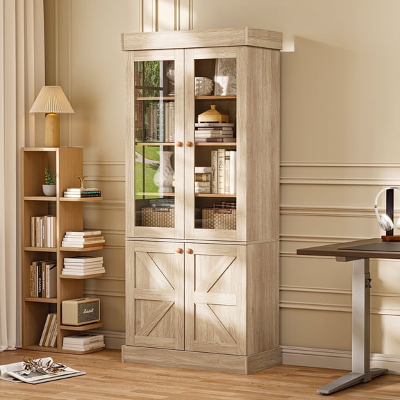 71" Tall Farmhouse Pantry Cabinet,Large Storage Cabinet with Adjustable Shelves,Kitchen Cabinets with 2 Glass Doors for Pantry,Dining Room,Living Room,Brown