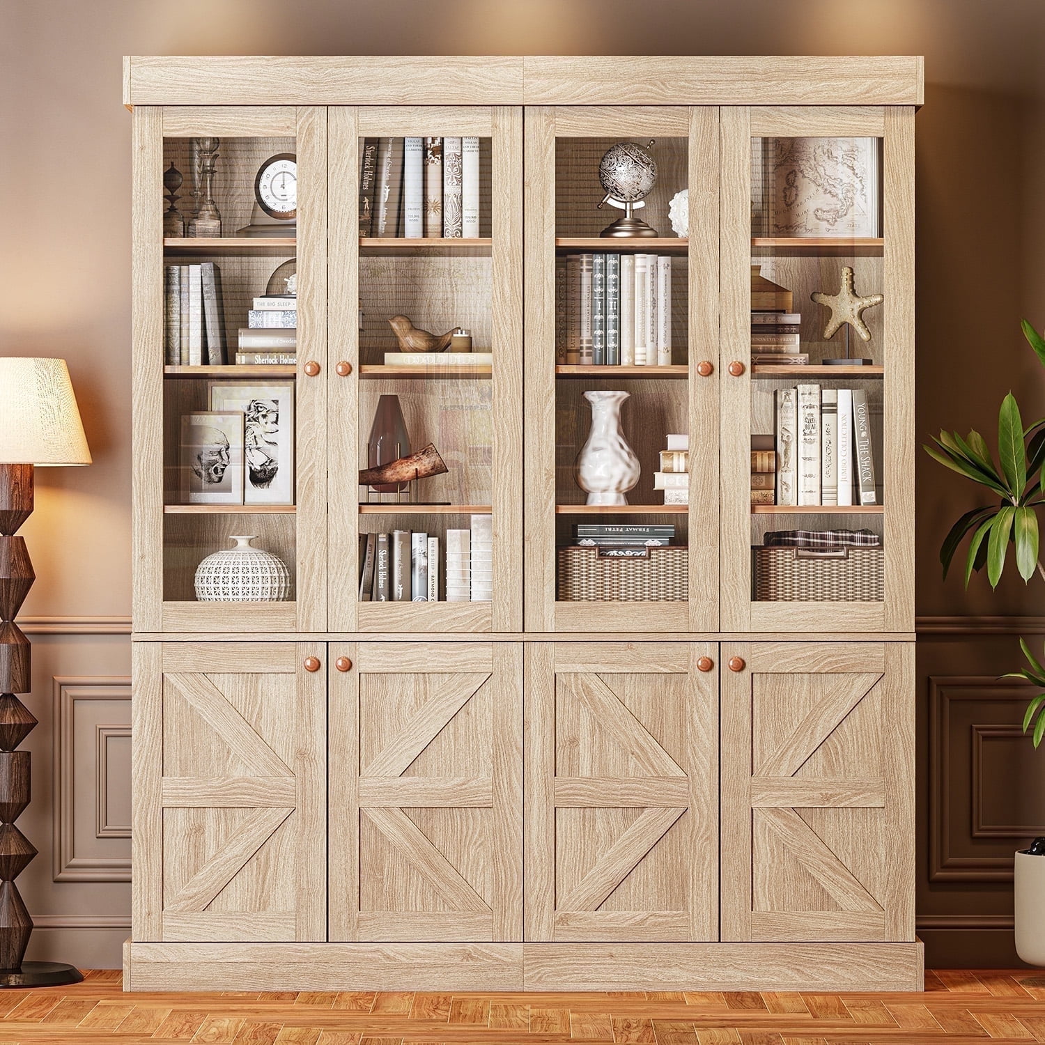 71" Tall Farmhouse Pantry Cabinet,Large Storage Cabinet with Adjustable Shelves,Kitchen Cabinets with 4 Glass Doors for Pantry,Dining Room,Living Room,Brown,2 Pcs