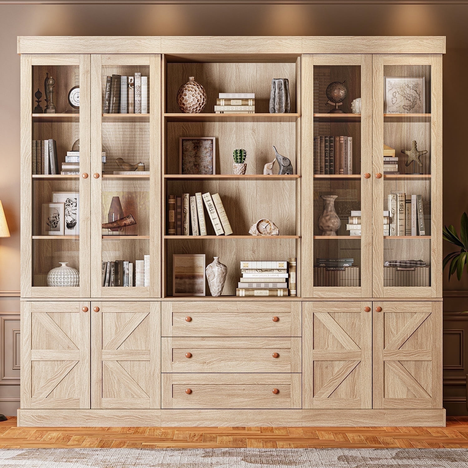71" Tall Farmhouse Pantry Cabinet,Large Storage Cabinet with Glass Doors, Adjustable Shelves ,3 Drawer,Wood Versatile Hutch Cabinet for Dining Room,Living Room,Brown,3 Pcs