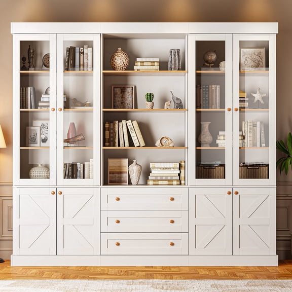 71" Tall Farmhouse Pantry Cabinet,Large Storage Cabinet with Glass Doors & Adjustable Shelves & 3 Drawer,Wood Versatile Hutch Cabinet for Dining Room,Living Room,White,3 Pcs