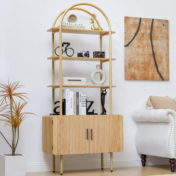 71" Tall Fluted Arched Bookshelf with Doors, Mid Century Modern Metal Bookcase Cabinet with Storage, 4-Tier Industrial Organizer Rack Storage Shelves for Home Office, Living Room (Natural)