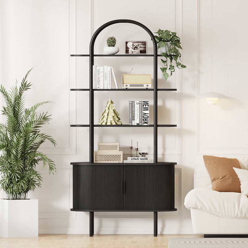 71" Tall Fluted Arched Bookshelf with Sliding Doors, Mid Century Modern Metal Curved Bookshelf Cabinet with Storage and Adjustable Footpad, 4-Tier Open Display Storage Shelf for Home, Living Room