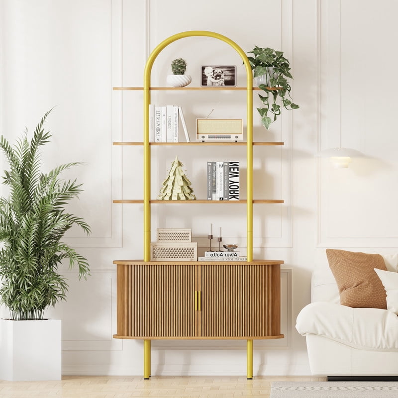 71" Tall Fluted Arched Bookshelf with Sliding Doors, Mid Century Modern Metal Curved Bookshelf Cabinet with Storage and Adjustable Footpad, 4-Tier Open Display Storage Shelf for Home, Living Room