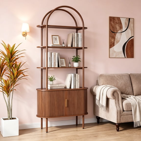 71" Tall Fluted Arched Bookshelf with Sliding Tambour Doors, Mid Century Modern Metal Curved Bookshelf Cabinet with Storage, 4-Tier Open Display Storage Shelf for Home Office, Living Room (Walnut)