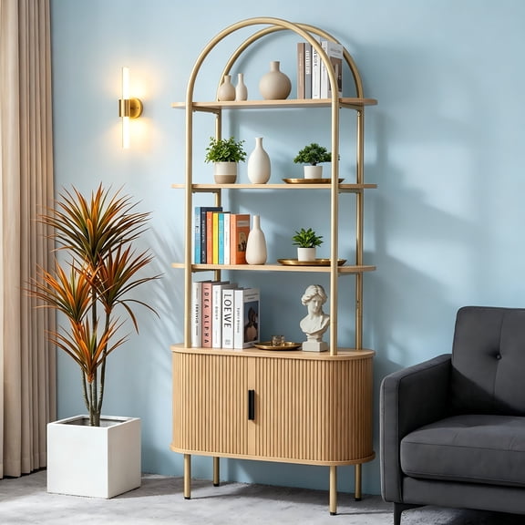 71" Tall Fluted Arched Bookshelf with Sliding Tambour Doors, Mid Century Modern Metal Curved Bookshelf Cabinet with Storage, 4-Tier Open Display Storage Shelf for Home Office, Living Room (Natural)