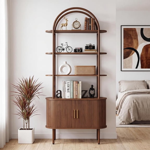 71" Tall Fluted Arched Bookshelf with Sliding Tambour Doors, Mid Century Modern Metal Curved Bookshelf Cabinet with Storage, 4-Tier Open Display Storage Shelf for Home Office, Living Room (Walnut)