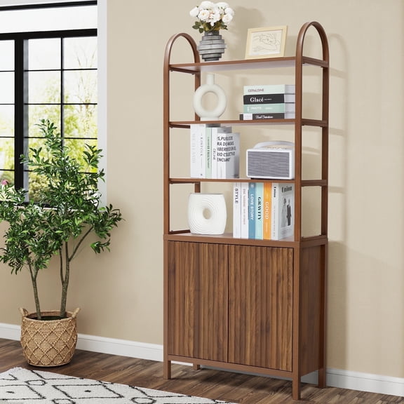 71" Tall Fluted Bookcase with Adjustable Shelves and Doors Storage, 4 Tier Wooden Bookcases, Brown