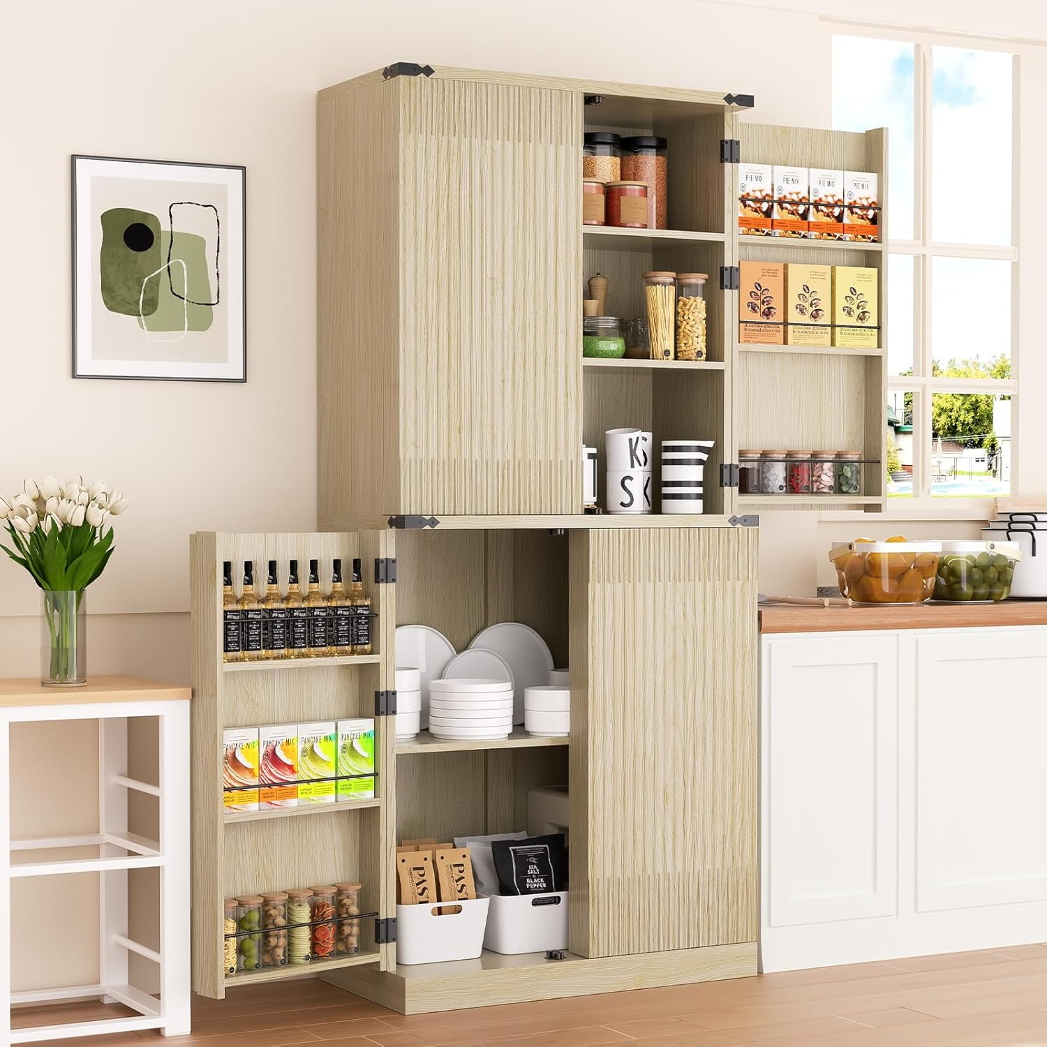 71'' Tall Fluted Pantry, Modern Fluted Storage Cabinet with Adjustable ...