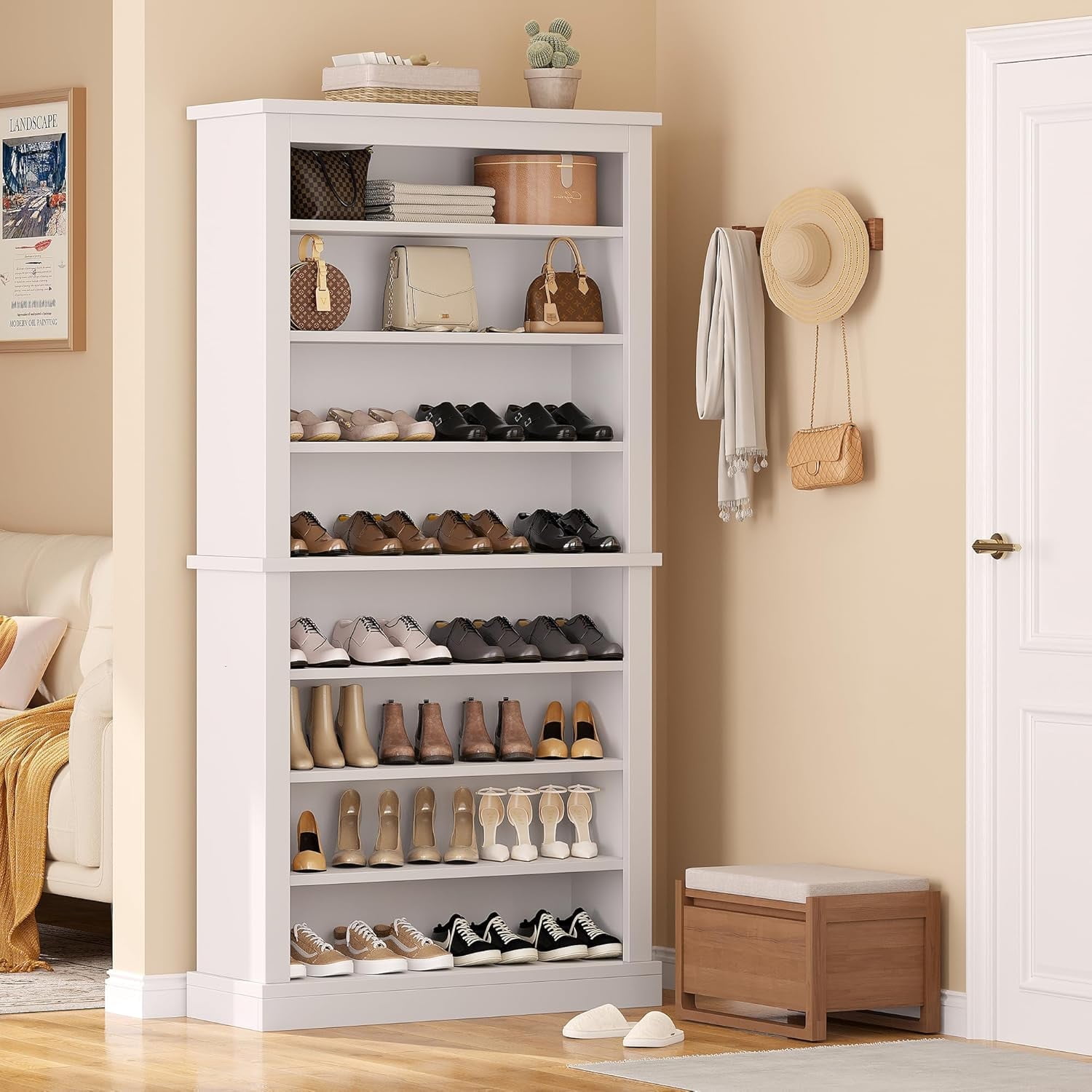 71" Tall Freestanding Shoe Cabinet, 9-Tier Adjustable Wood Shoe Rack with Open Storage for Entryway, Hallway & Small Spaces – Modern White Storage Organizer