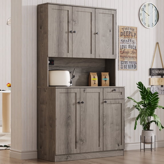 71" Tall Kitchen Hutch with 6 Doors, Pantry Storage Cabinet with Microwave Stand, Storage Cabinet with Adjustable Shelves, Modern Food Pantry with Drawer for Kitchen Dining Room, Grey