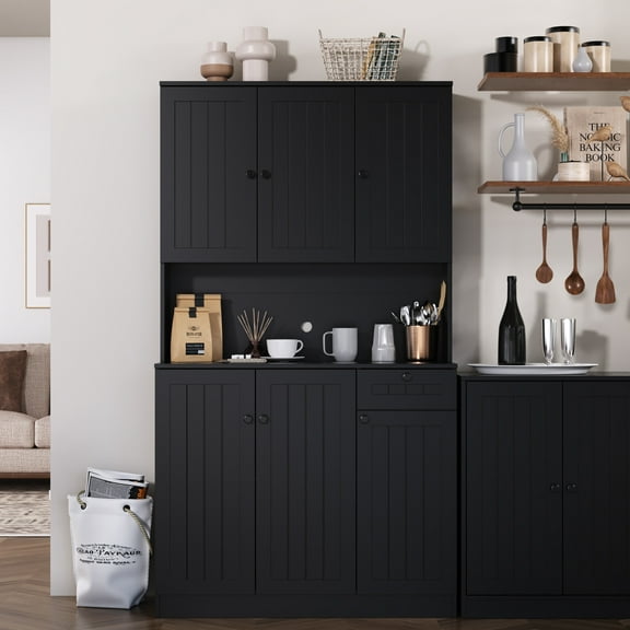 71" Tall Kitchen Hutch with 6 Doors, Pantry Storage Cabinet with Microwave Stand, Storage Cabinet with Adjustable Shelves, Modern Food Pantry with Drawer for Kitchen Dining Room, Black