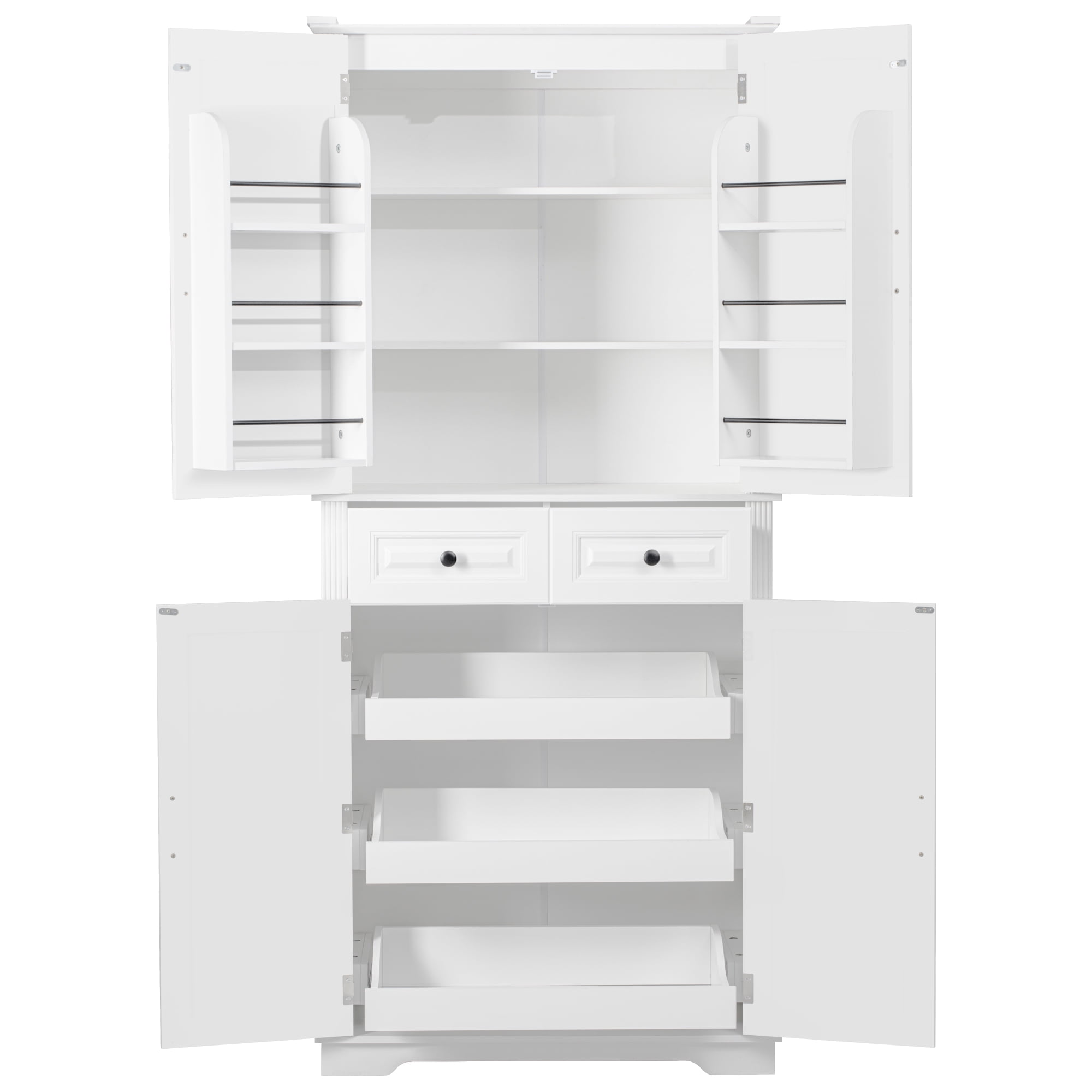 71" Tall Kitchen Pantry Cabinet with 3 Pull Out Cabinet Organizers, Farmhouse Embossed Texture Storage Cabinet with 6 Door Shelves, 2 Drawers, Freestanding Cupboard for Kitchen, Dining Room, White