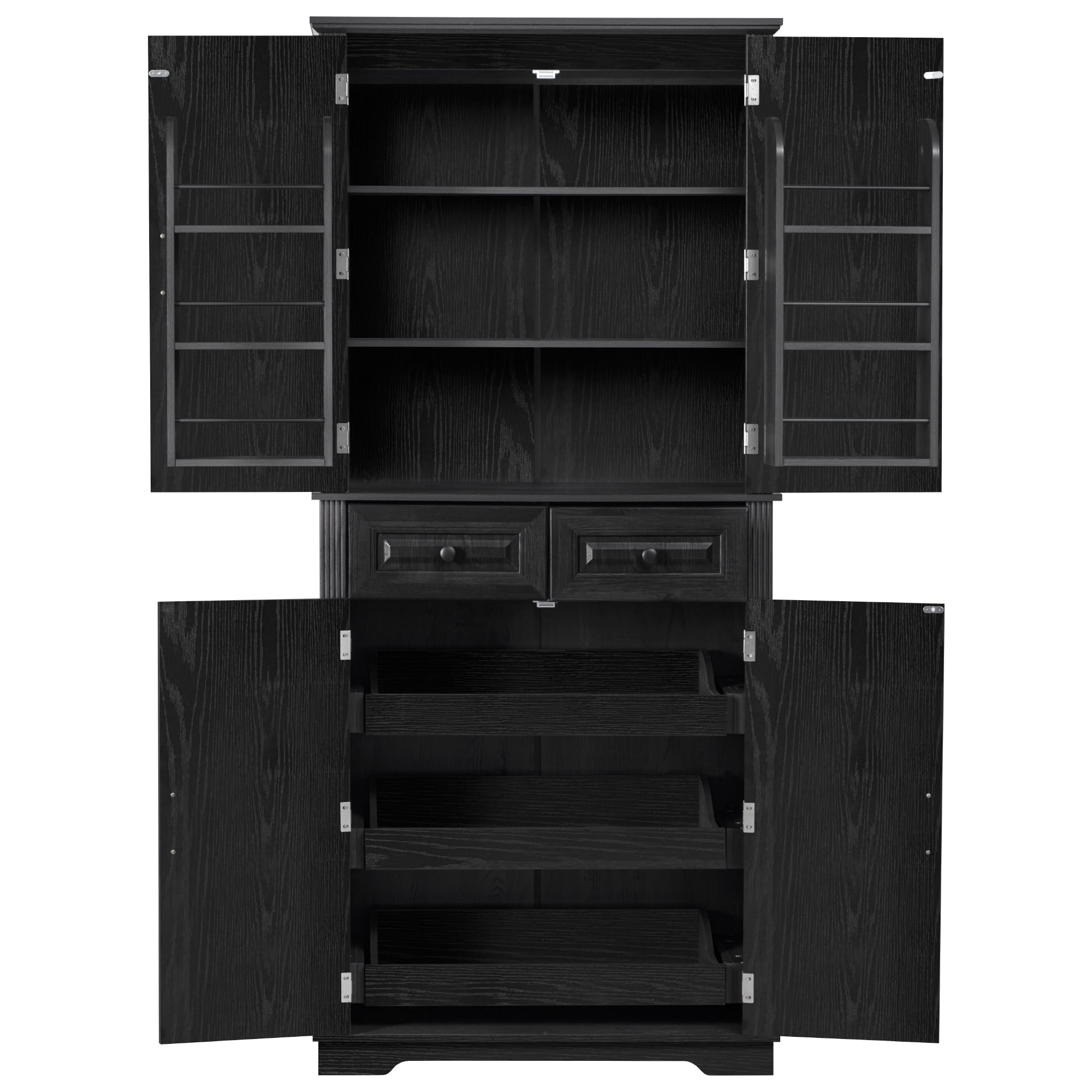 71" Tall Kitchen Pantry Cabinet with 3 Pull Out Cabinet Organizers, Farmhouse Embossed Texture Storage Cabinet with 6 Door Shelves, 2 Drawers, Freestanding Cupboard for Kitchen, Dining Room, Black
