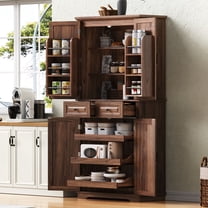 71" Tall Kitchen Pantry Cabinet with 3 Pull Out Cabinet Organizers, Farmhouse Embossed Texture Storage Cabinet with 6 Door Shelves, 2 Drawers, Freestanding Cupboard for Kitchen, Dining Room, Brown