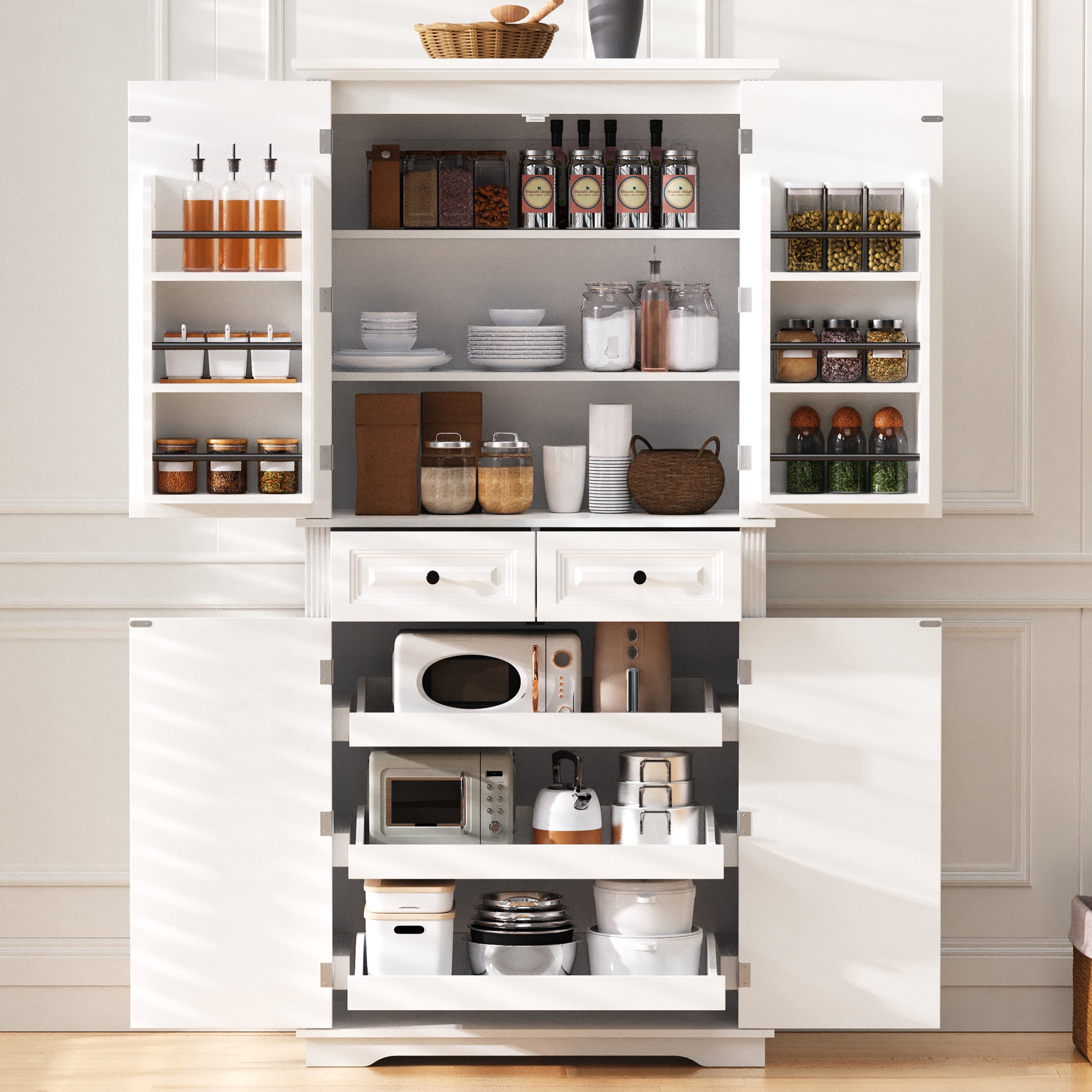 Howcool 71" Tall Kitchen Pantry Cabinet with 3 Pull-Out Organizers, 6 Door Shelves, 2 Drawers, Farmhouse Embossed Texture, Freestanding Storage for Kitchen & Dining Room
