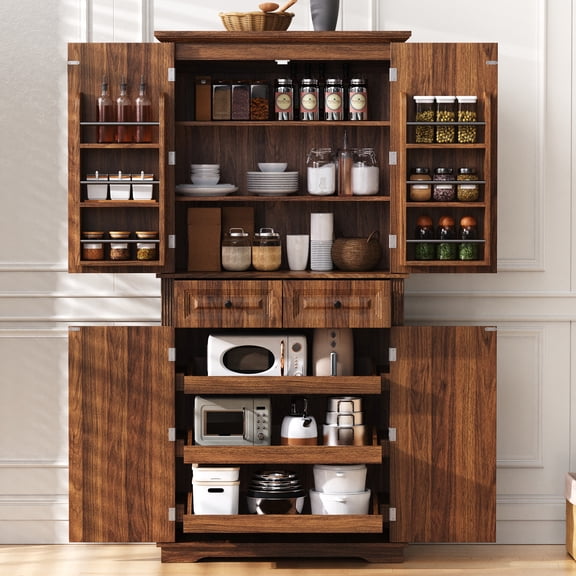 71" Tall Kitchen Pantry Cabinet with 3 Pull-Out Organizers, 6 Door Shelves, 2 Drawers, Farmhouse Embossed Texture, Freestanding Storage for Kitchen & Dining Room