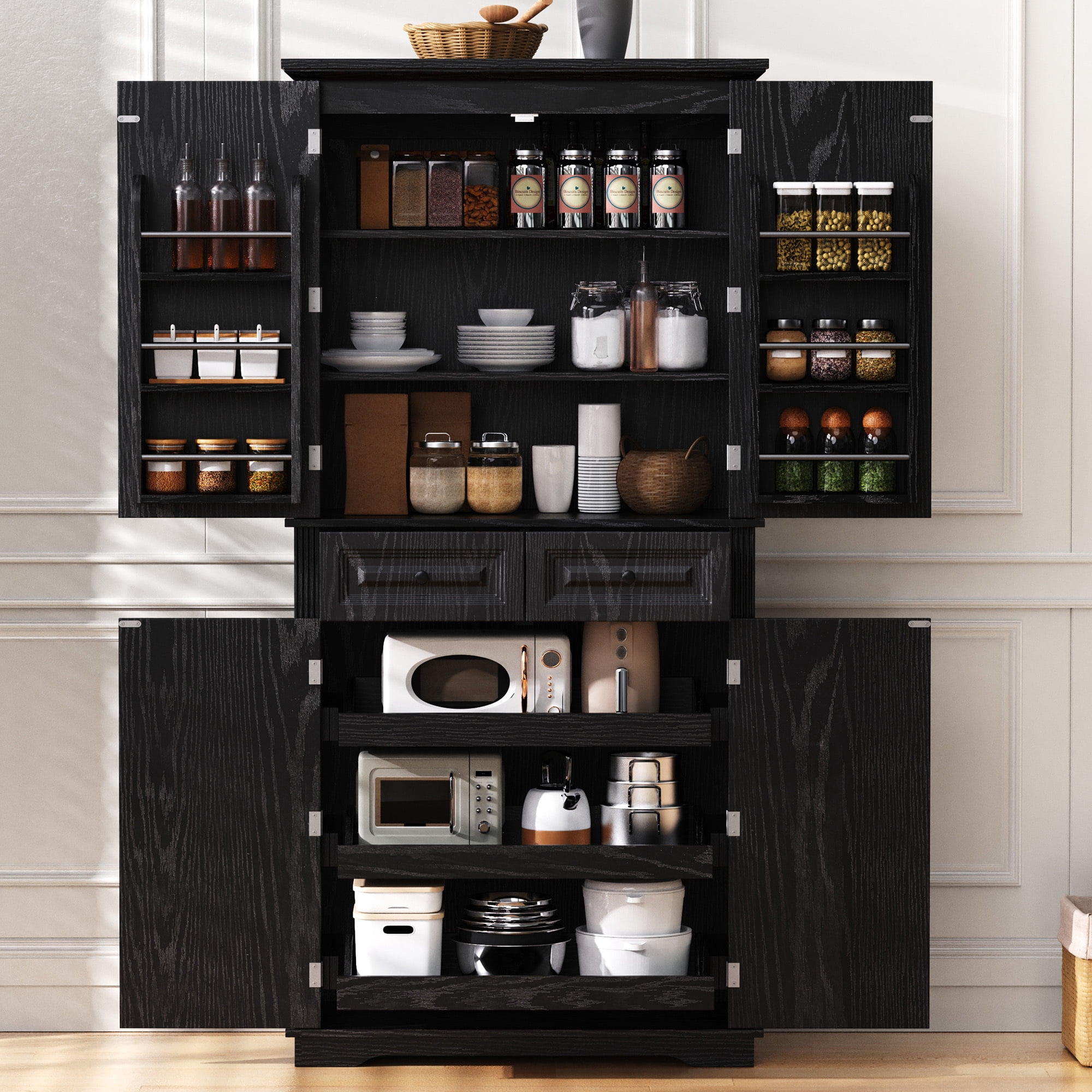 71" Tall Kitchen Pantry Cabinet with 3 Pull-Out Organizers, 6 Door Shelves, 2 Drawers, Farmhouse Embossed Texture, Freestanding Storage for Kitchen & Dining Room
