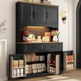thumbnail image 1 of 71" Tall Kitchen Pantry Cabinet with 6 Hanging Shelves & Led Lights & Charge Station, 47" Wide Freestanding Farmhouse Cupboard with 2 Drawer,6 Doors Storage,Adjustable Shelves,Open Countertop, Black, 1 of 8