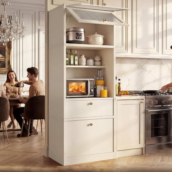 71" Tall Kitchen Pantry Cabinet, Extra Deep 15" with Microwave Stand, 2 Drawers & Open Shelf, Freestanding Anti-Tip Organizer for Kitchen