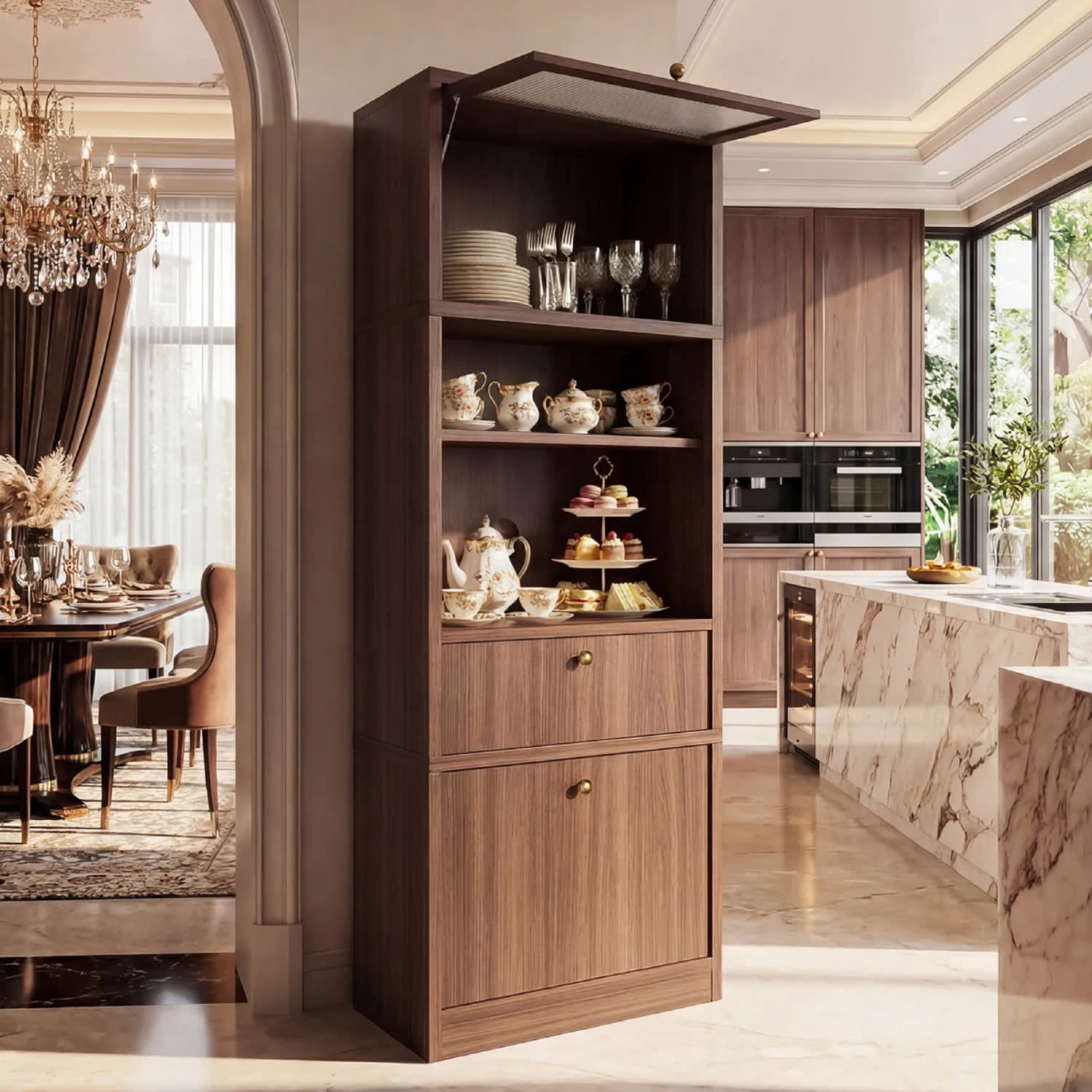 71" Tall Kitchen Pantry Cabinet, Extra Deep 15" with Microwave Stand, 2 Drawers & Open Shelf, Freestanding Anti-Tip Organizer for Kitchen