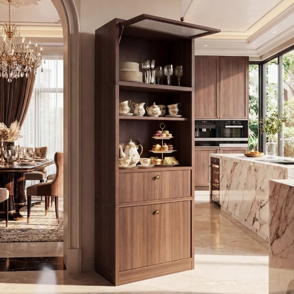 71" Tall Kitchen Pantry Cabinet, Extra Deep 15" with Microwave Stand, 2 Drawers & Open Shelf, Freestanding Anti-Tip Organizer for Kitchen