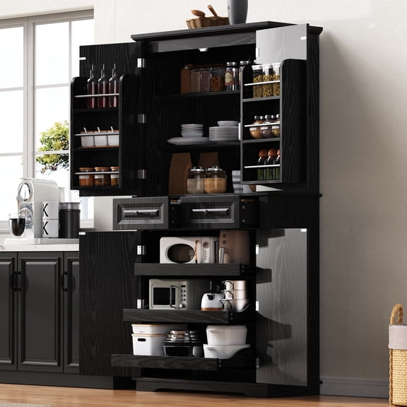 71" Tall Kitchen Pantry Cabinet, Farmhouse Freestanding Storage Cupboard with 3 Pull-Out Organizers & 6 Door Racks, Embossed Texture, 2 Drawers, 4 Doors, Adjustable Shelves