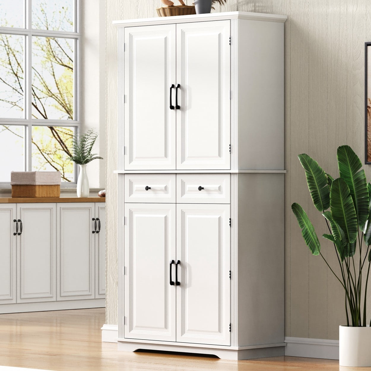 71" Tall Kitchen Pantry Cabinet, Farmhouse Storage Cabinet with 4 Doors, 2 Drawers, 3 Pull Out Organizers, 6 Door Shelves, Adjustable Shelves, Freestanding Cupboard for Kitchen, White