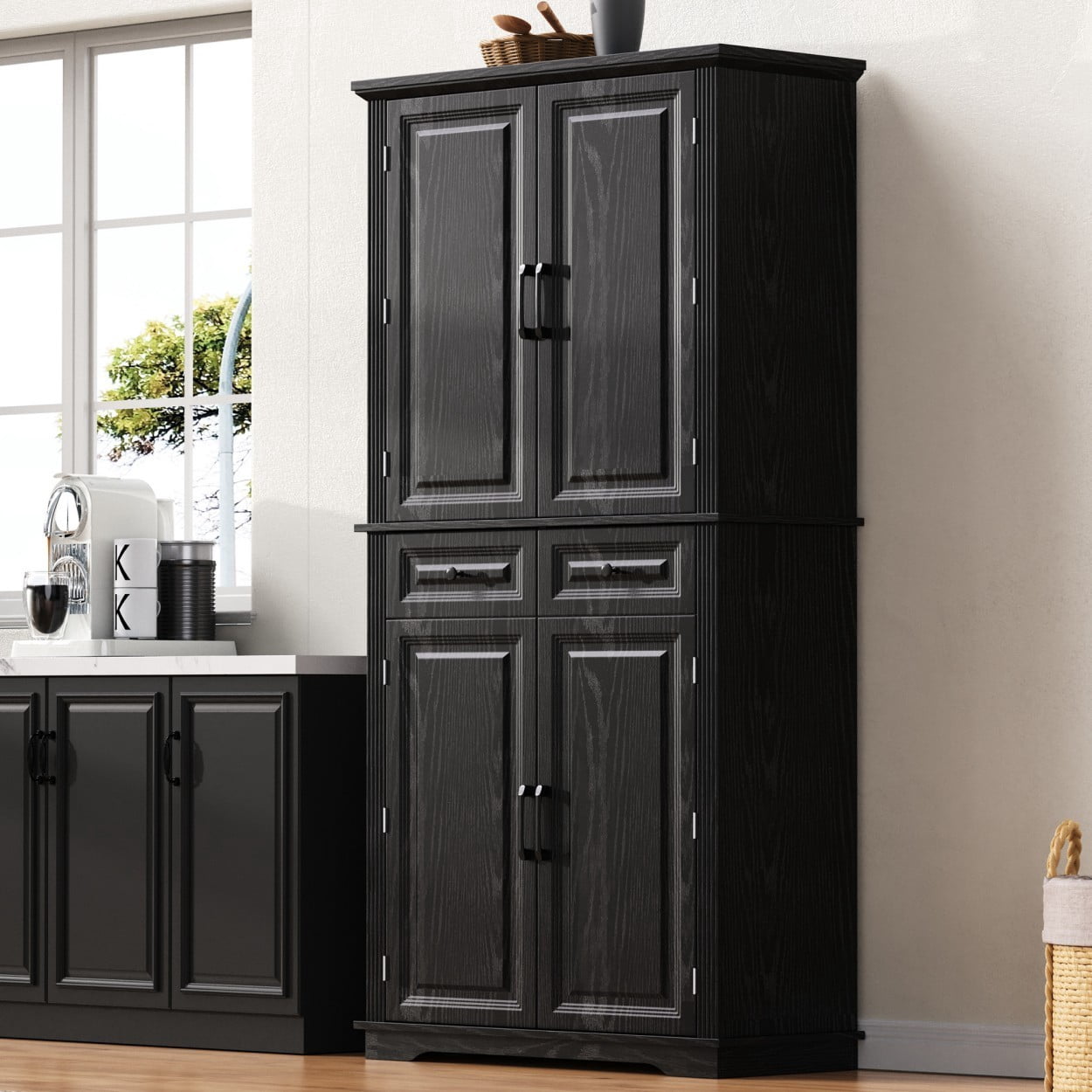 71" Tall Kitchen Pantry Cabinet, Farmhouse Storage Cabinet with 4 Doors, 2 Drawers, 3 Pull Out Organizers, 6 Door Shelves, Adjustable Shelves, Freestanding Cupboard for Kitchen, Black