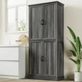 thumbnail image 1 of 71" Tall Kitchen Pantry Cabinet, Farmhouse Storage Cabinet with Adjustable Shelves, Rustic Wood Freestanding Cupboard Organizer with Barn Door for Dining Room, Living Room, Grey, 1 of 8
