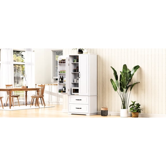 71" Tall Kitchen Pantry Cabinet In White, 2 Large Drawers, 8 Door Shelves, Texture, Adjustable Storage For Living Area White Pantry, High, Shelves