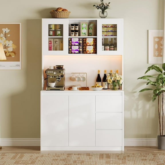 71" Tall Kitchen Pantry Cabinet, Kitchen Storage Hutch with Led Lights and Power Outlets, Microwave Stand, Glass Door, Adjustable Shelves, Handless Design
