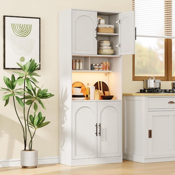 71" Tall Kitchen Pantry Cabinet with LED Lights, Freestanding Farmhouse Kitchen Hutch with Countertop & Microwave Shelf, White Storage Cabinet with Adjustable Shelves for Dining Room