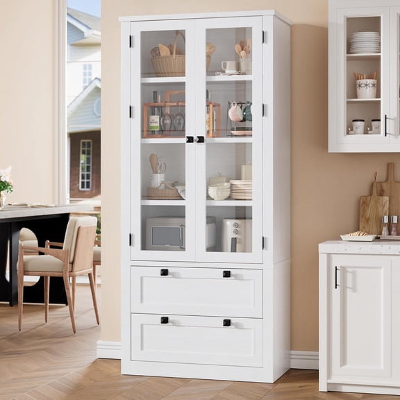 71" Tall Kitchen Pantry Cabinet - Modern Display Storage Cabinet with 2 Large Drawers, Glass Doors, and Adjustable Shelves, Farmhouse Kitchen Cupboard for Dining Room, Bathroom, Living Room, White
