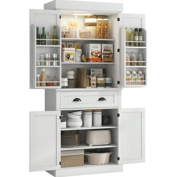 71" Tall Kitchen Pantry Cabinet With Motion Sensor - 6 Door Shelves, Drawer, 4 Adjustable Shelves White Nuance Storage By For Glorious Living, Dining Settings